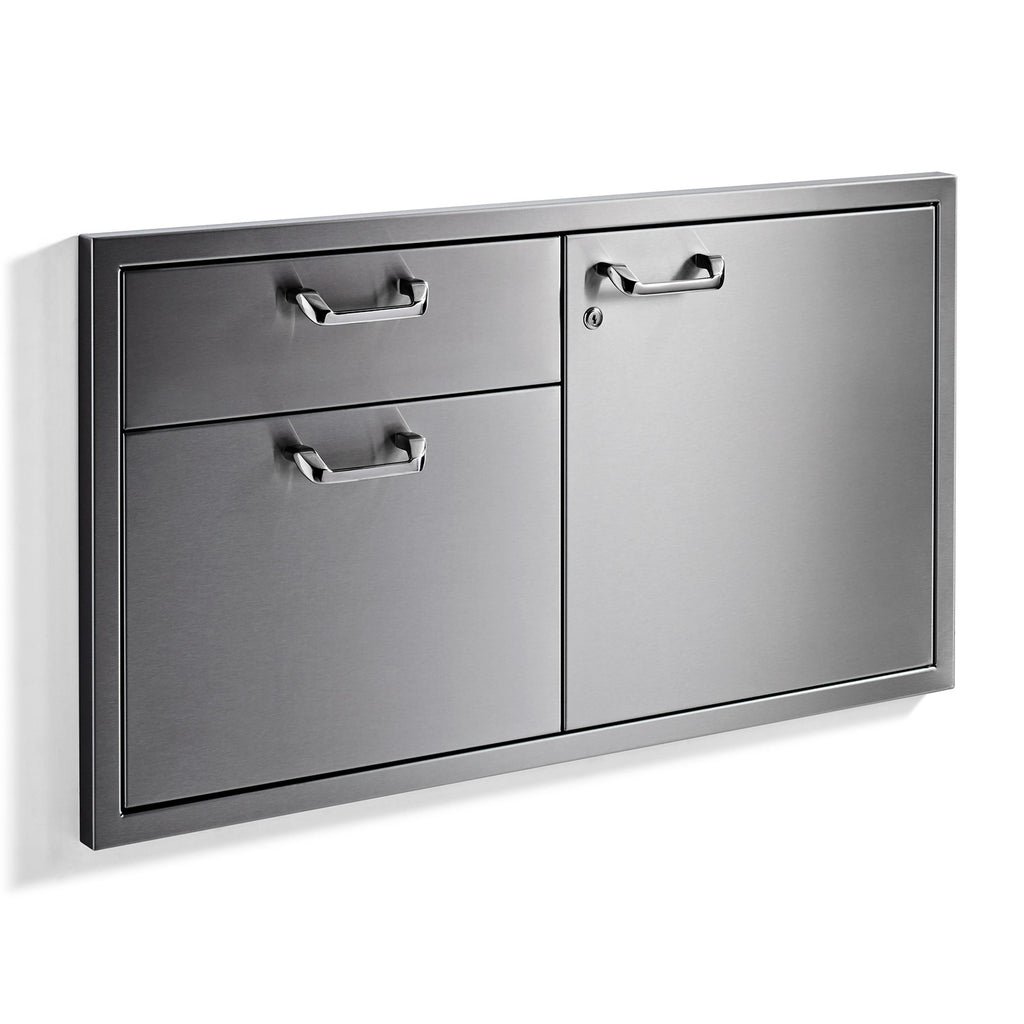 Metal storage cabinet with two drawers and a right access door, dark gray finish, chrome pulls