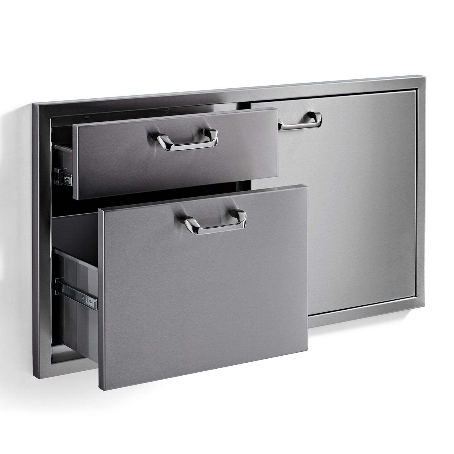 Metal storage cabinet with two drawers and right door open, dark gray finish, chrome pulls