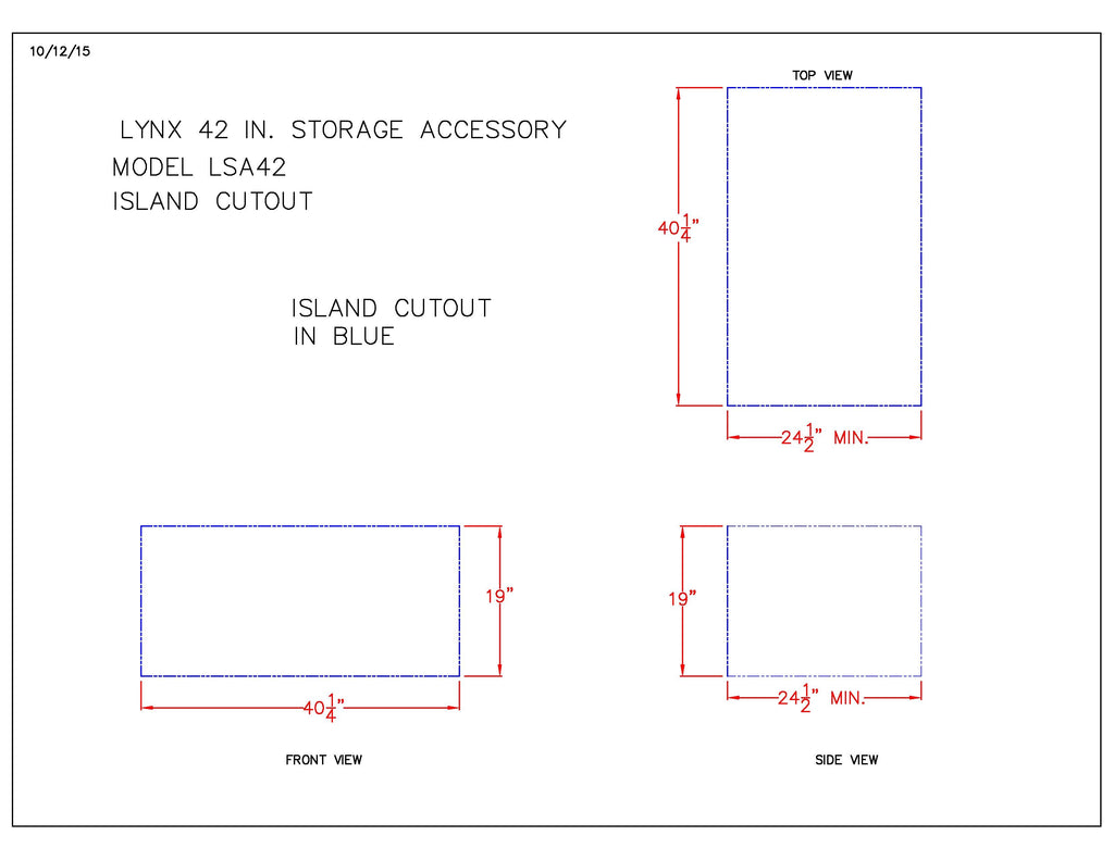 Technical views drawing for Lynx 42 in storage accessory, island cutout and dimension labels
