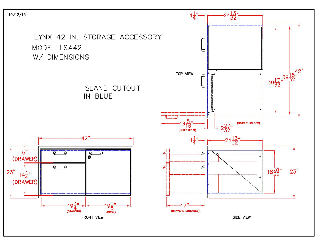 Technical layout drawing for Lynx 42 in storage accessory, island cutout and dimensions