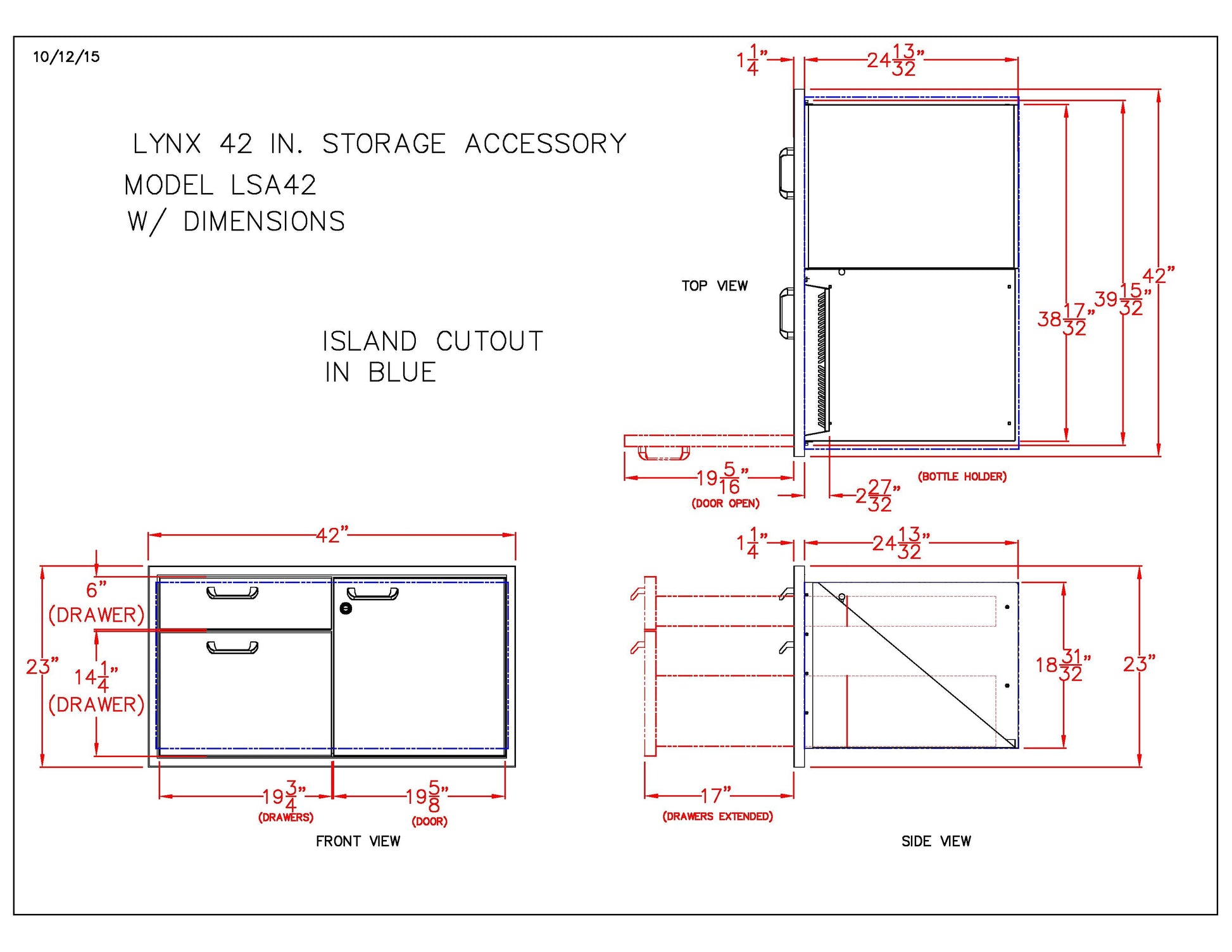 Technical layout drawing for Lynx 42 in storage accessory, island cutout and dimensions