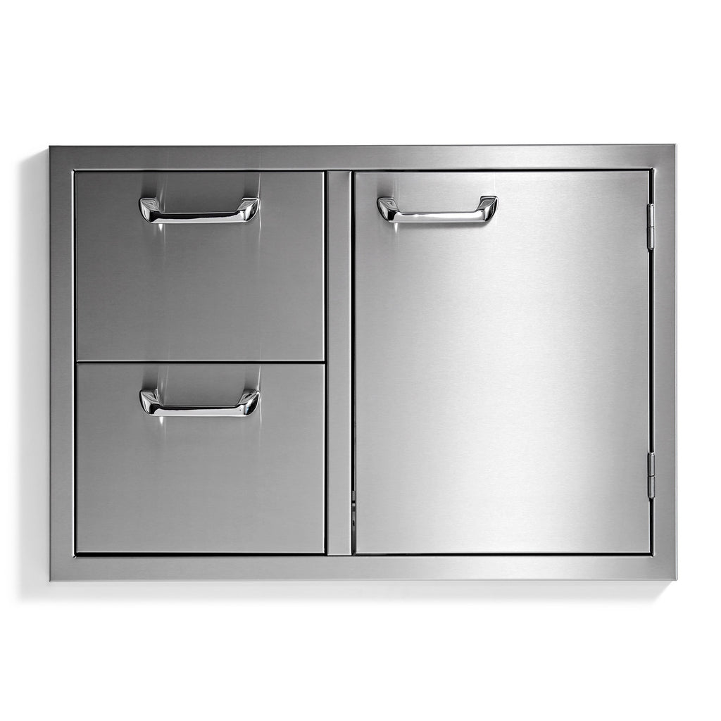 Steel storage cabinet with two drawers and a right cabinet door, dark gray, chrome handles