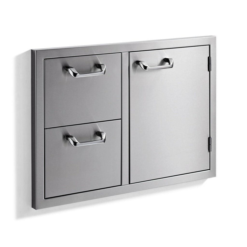 Storage cabinet with two left drawers and a right door panel, dark gray, chrome drawer pulls