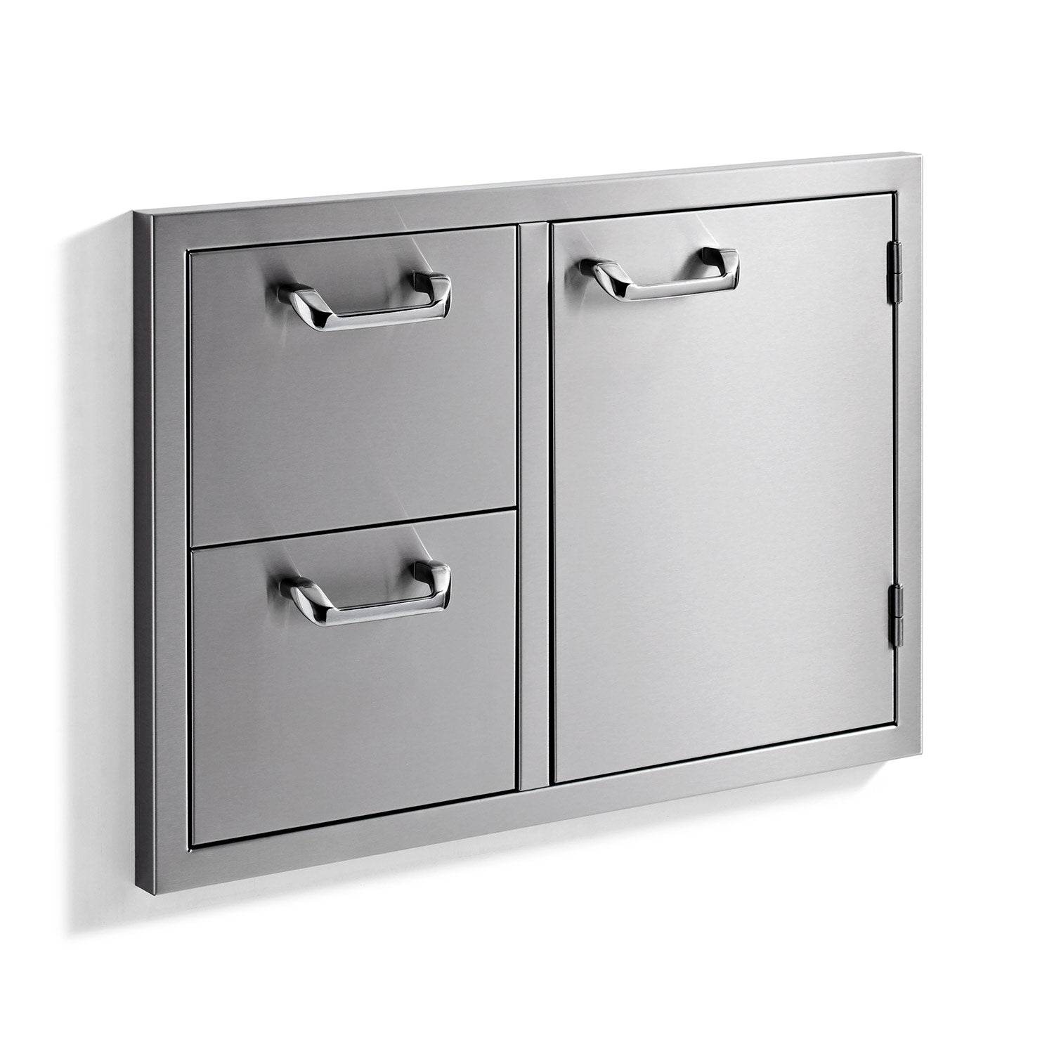 Storage cabinet with two left drawers and a right door panel, dark gray, chrome drawer pulls