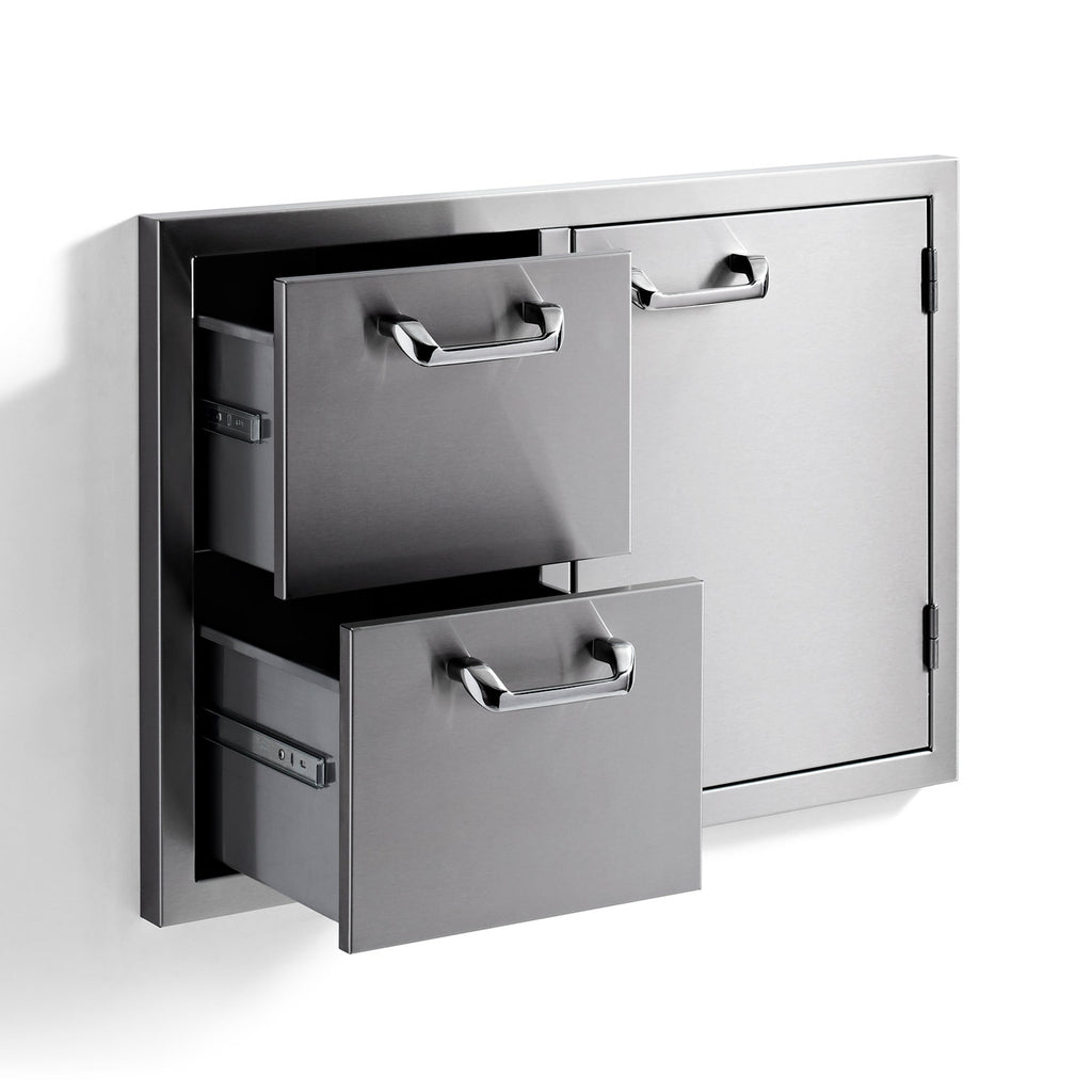 Storage cabinet with two pull-out drawers open and right door closed, dark gray, chrome handles