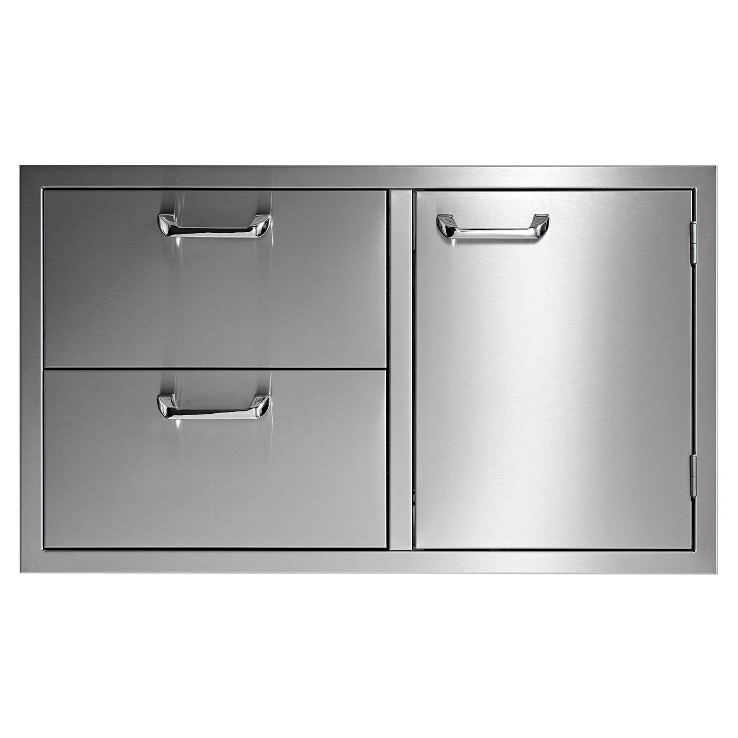 36-inch storage cabinet with two drawers and double door, brushed metal finish