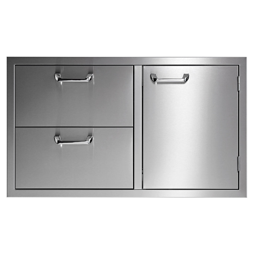 36-inch storage cabinet with two drawers and double door, brushed metal finish