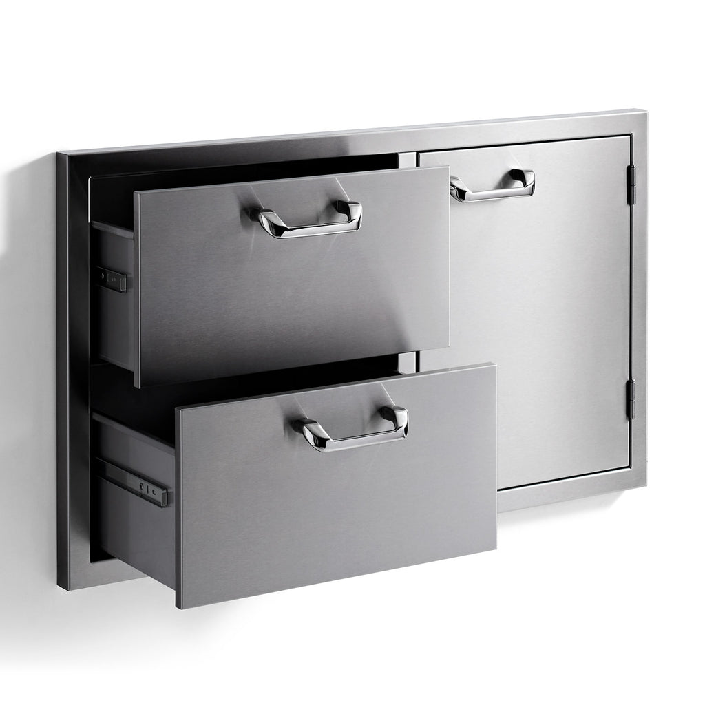 Storage cabinet with two extended drawers and hinged door, brushed metal finish
