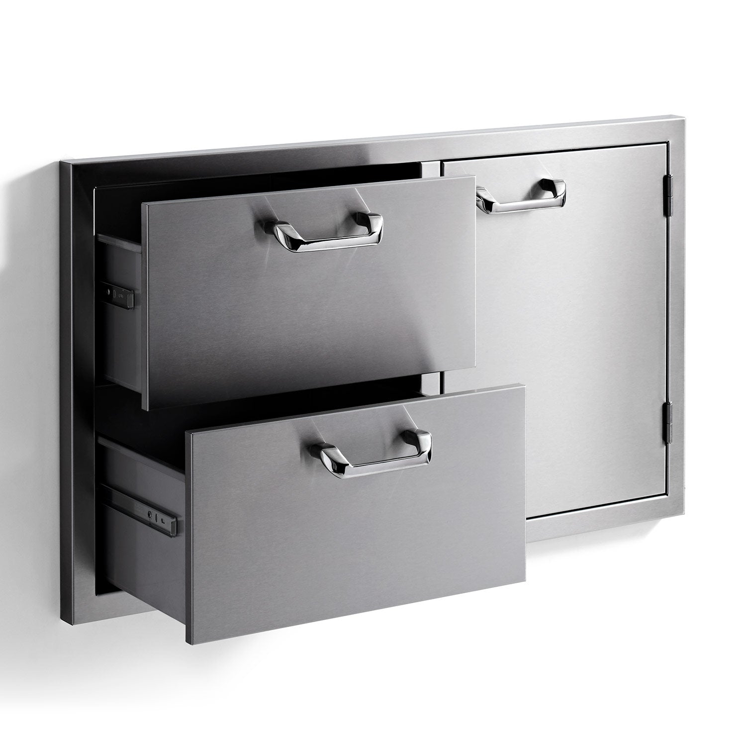 Storage cabinet with two extended drawers and hinged door, brushed metal finish