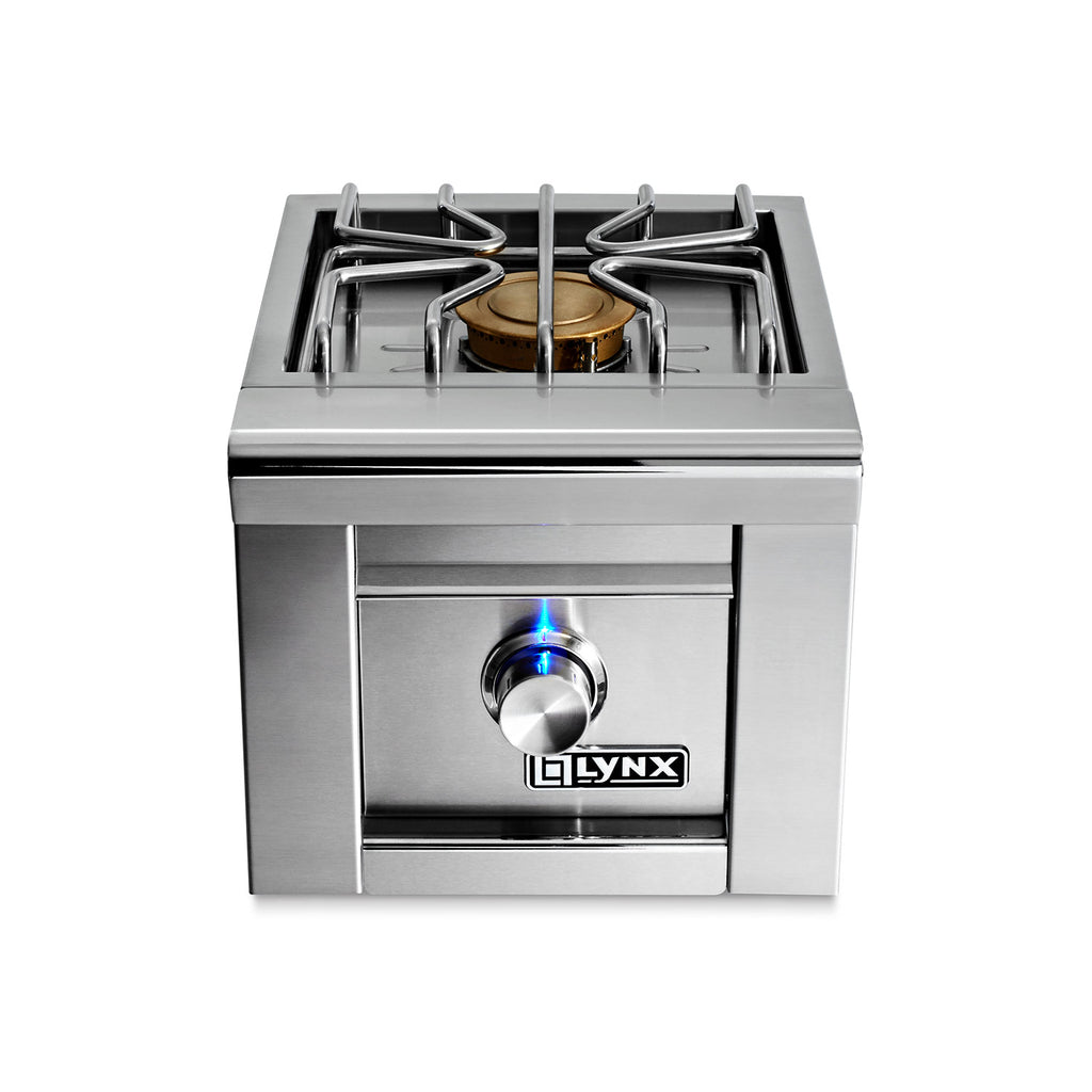 Built-in single side burner with stainless steel body, control knob, and flame lit