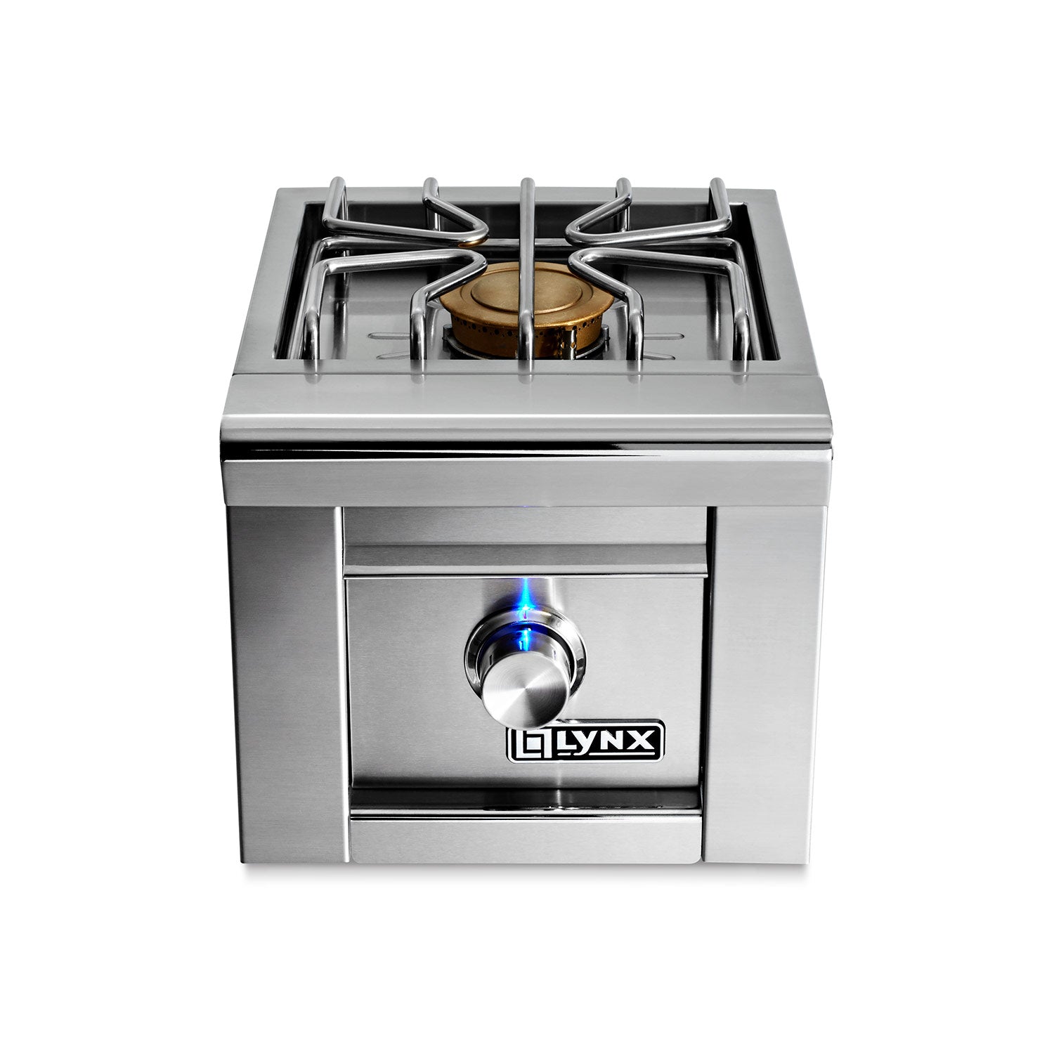 Built-in single side burner with stainless steel body, control knob, and flame lit