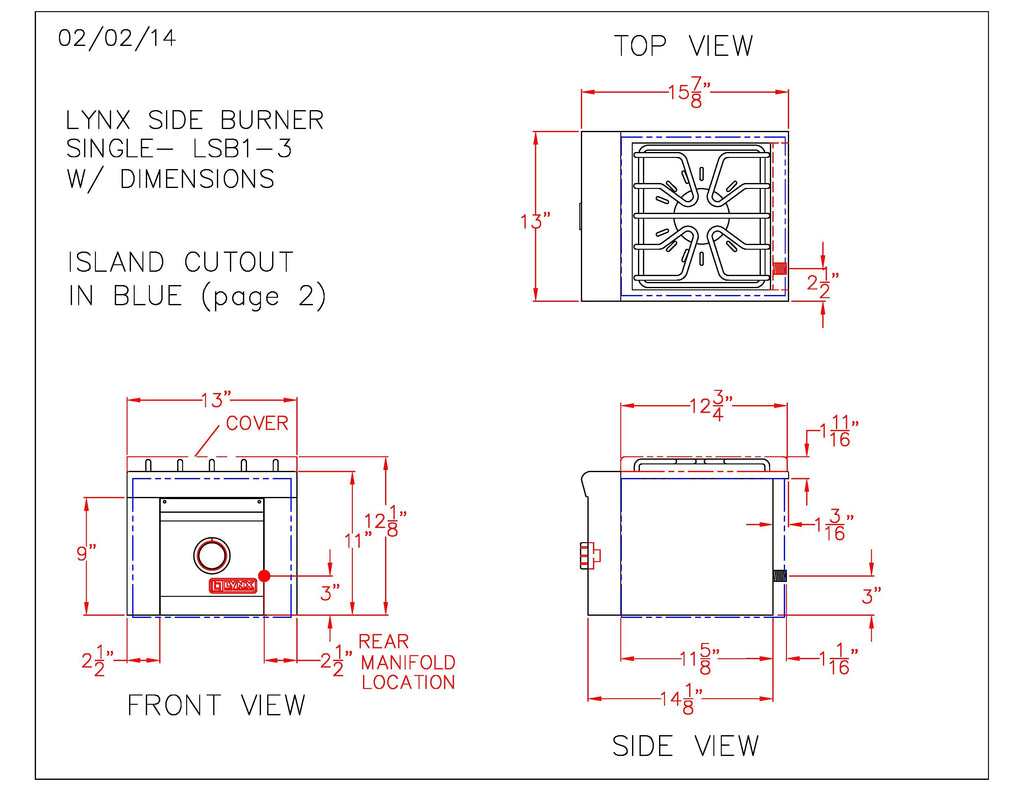 Side burner dimension diagram with top, front, and side views for island cutout