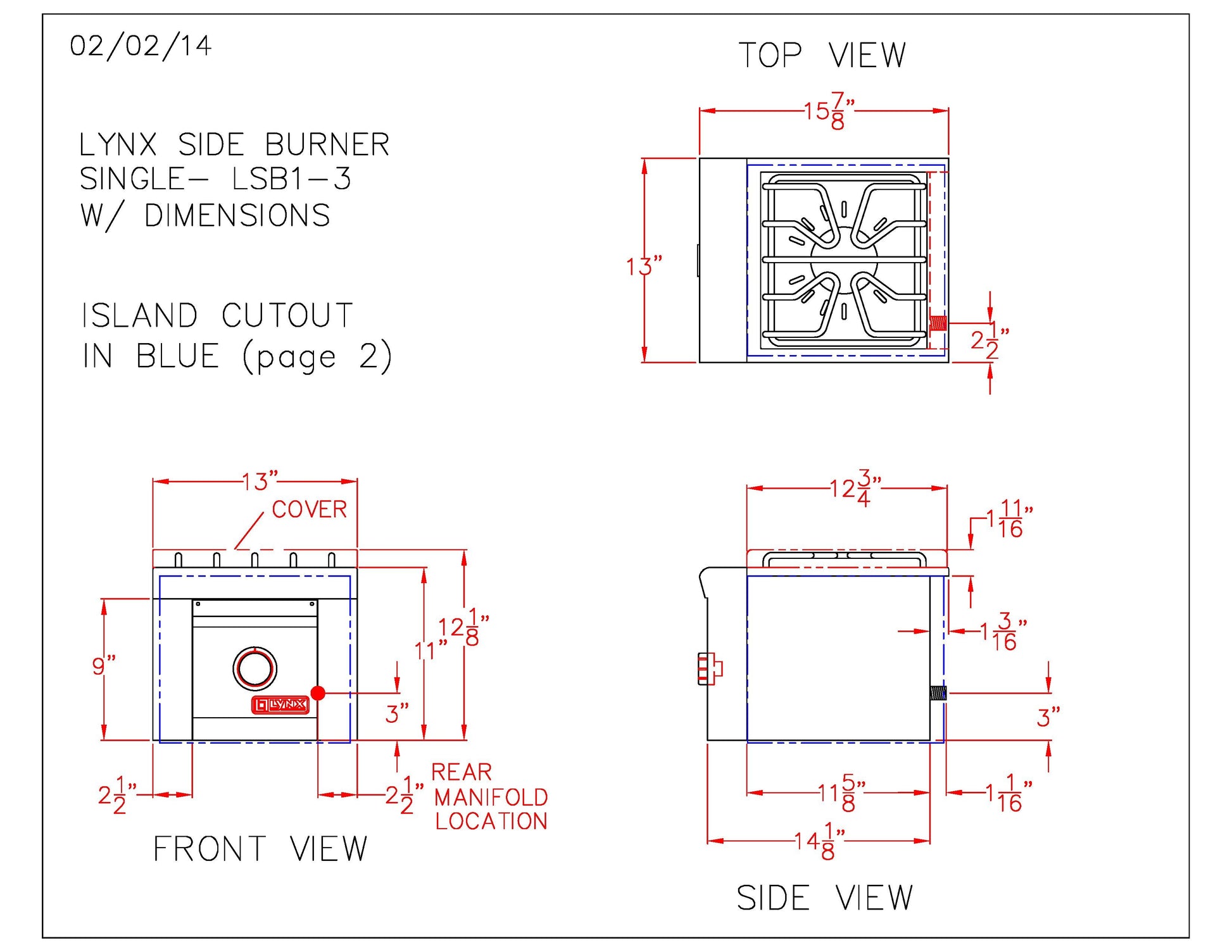 Side burner dimension diagram with top, front, and side views for island cutout