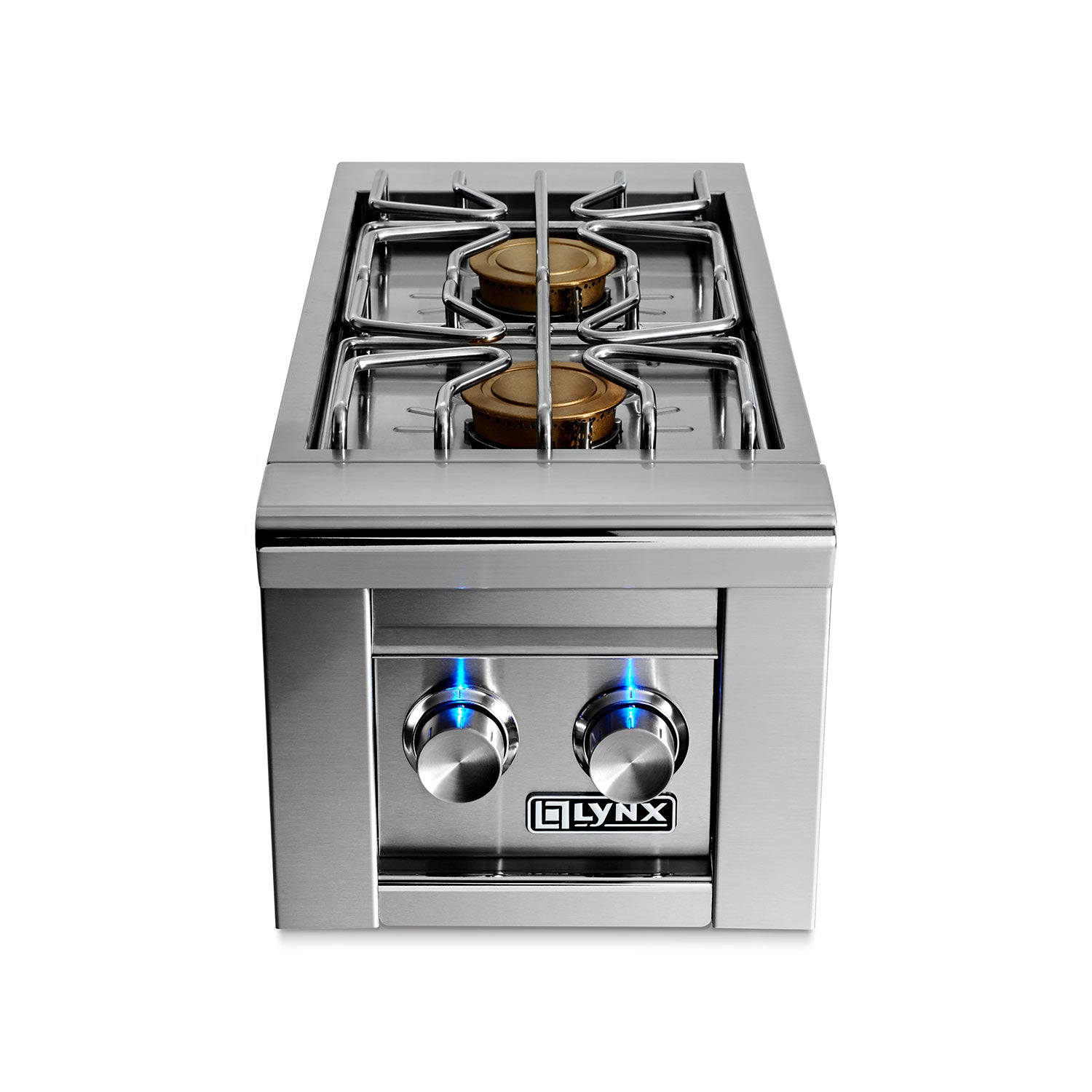Stainless freestanding cart-mounted double side burner with two lit burners and control knobs
