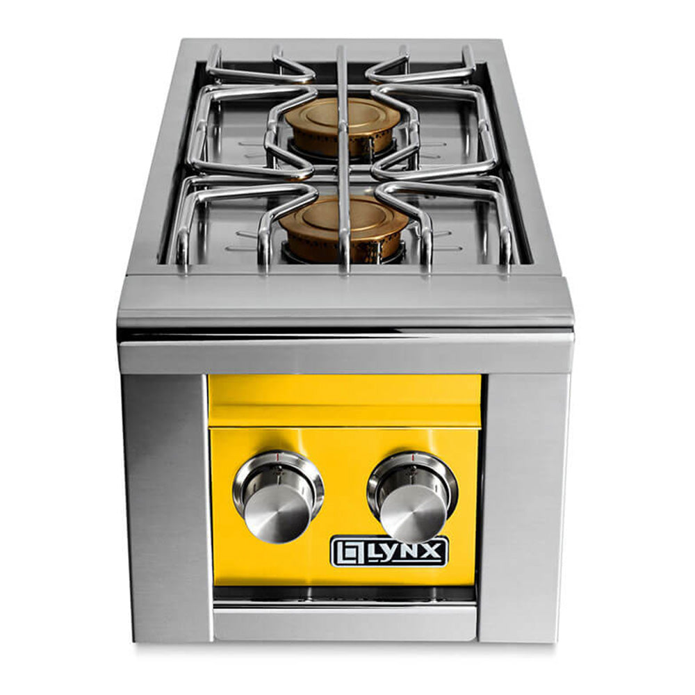 Stainless steel built-in gas double side burner with yellow control panel and two knobs