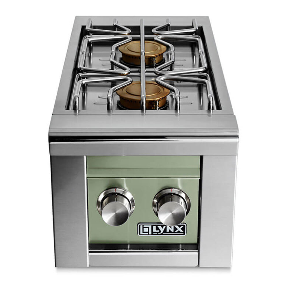 Stainless steel built-in gas double side burner with green control panel and two knobs