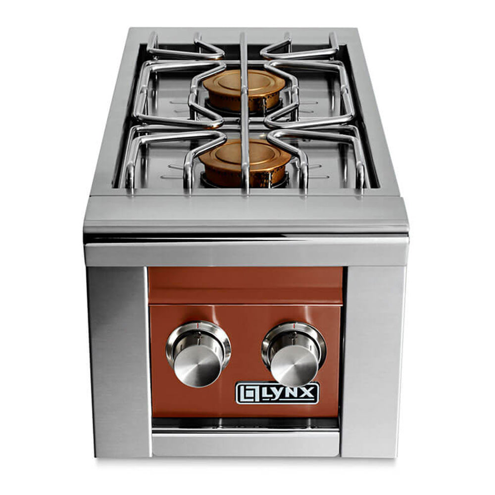 Stainless built-in gas double side burner, two burners, two knobs, Lynx logo, brown panel