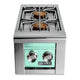Stainless built-in gas double side burner, two burners, two knobs, Lynx logo, green panel