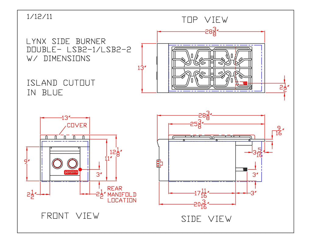 Double side burner dimension diagram with top, front, and side view callouts