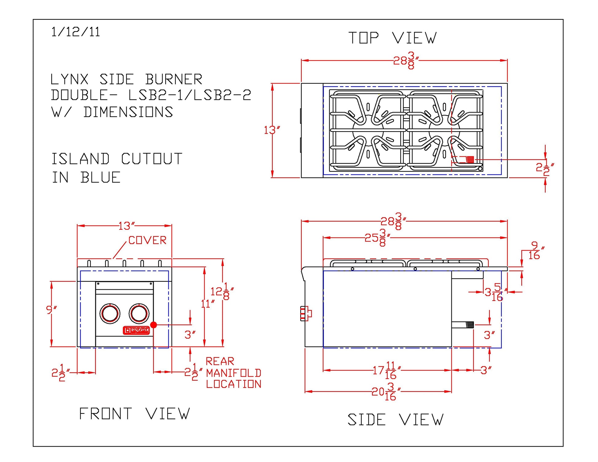 Double side burner dimension diagram with top, front, and side view callouts