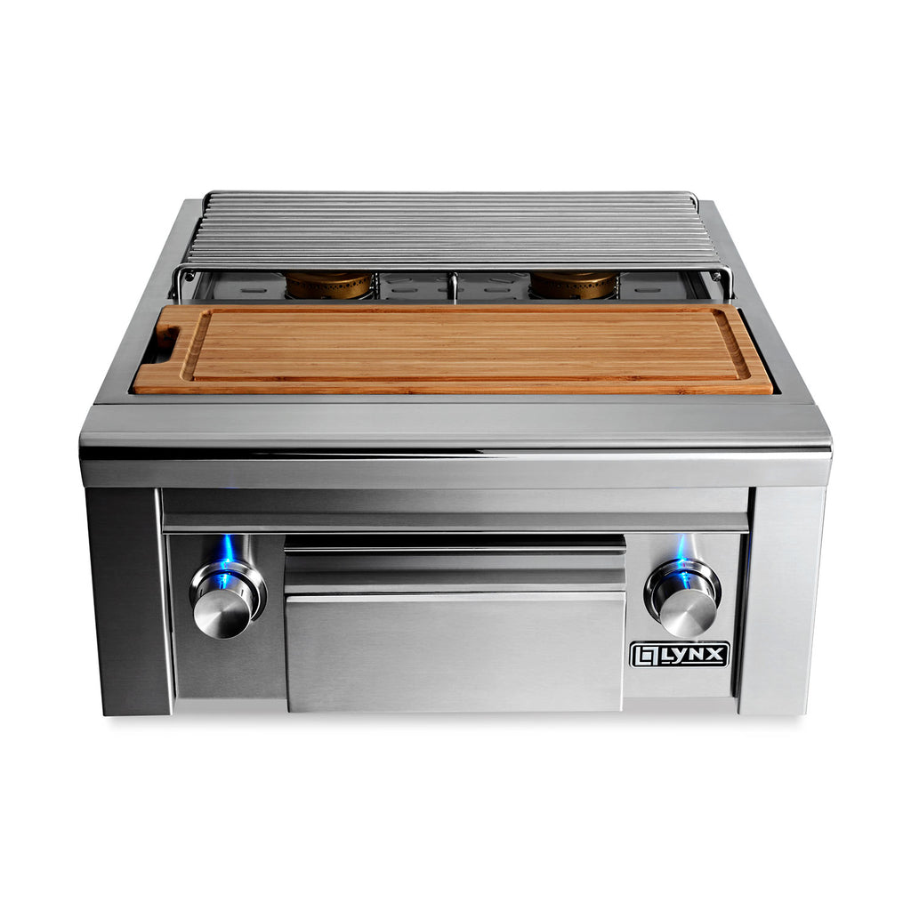Built-in double side burner with wooden cutting board and stainless control knobs