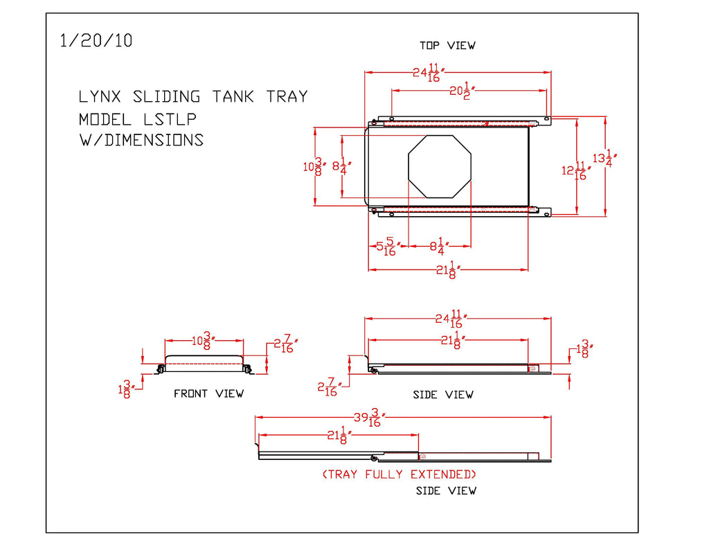 Technical diagram of sliding tank tray dimensions with front, top, and side views