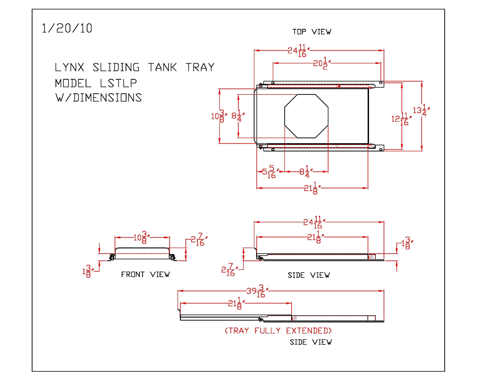 Technical diagram of sliding tank tray dimensions with front, top, and side views