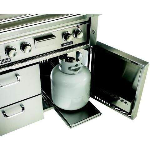 Slide-out propane tank tray with stainless metal rails and open drawer compartment