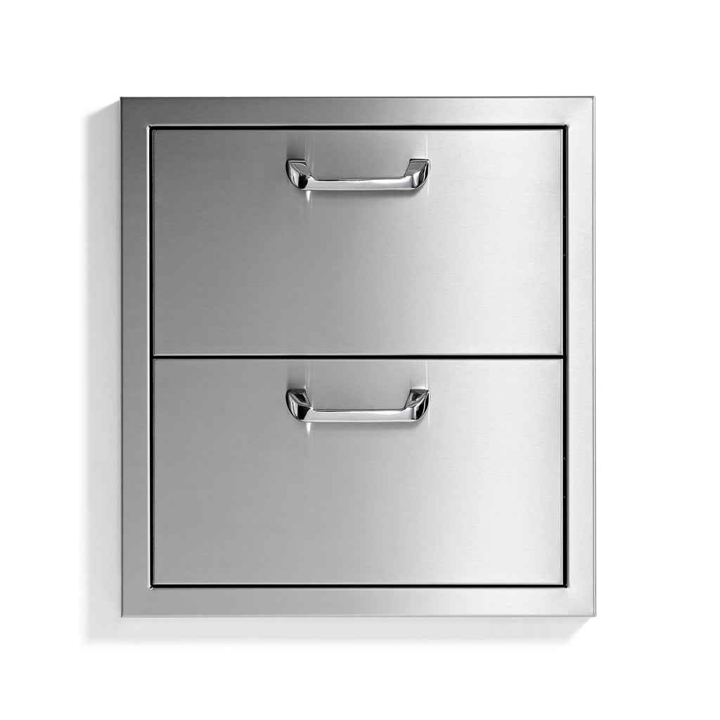 Double drawer cabinet with two gray drawers and chrome bar pulls