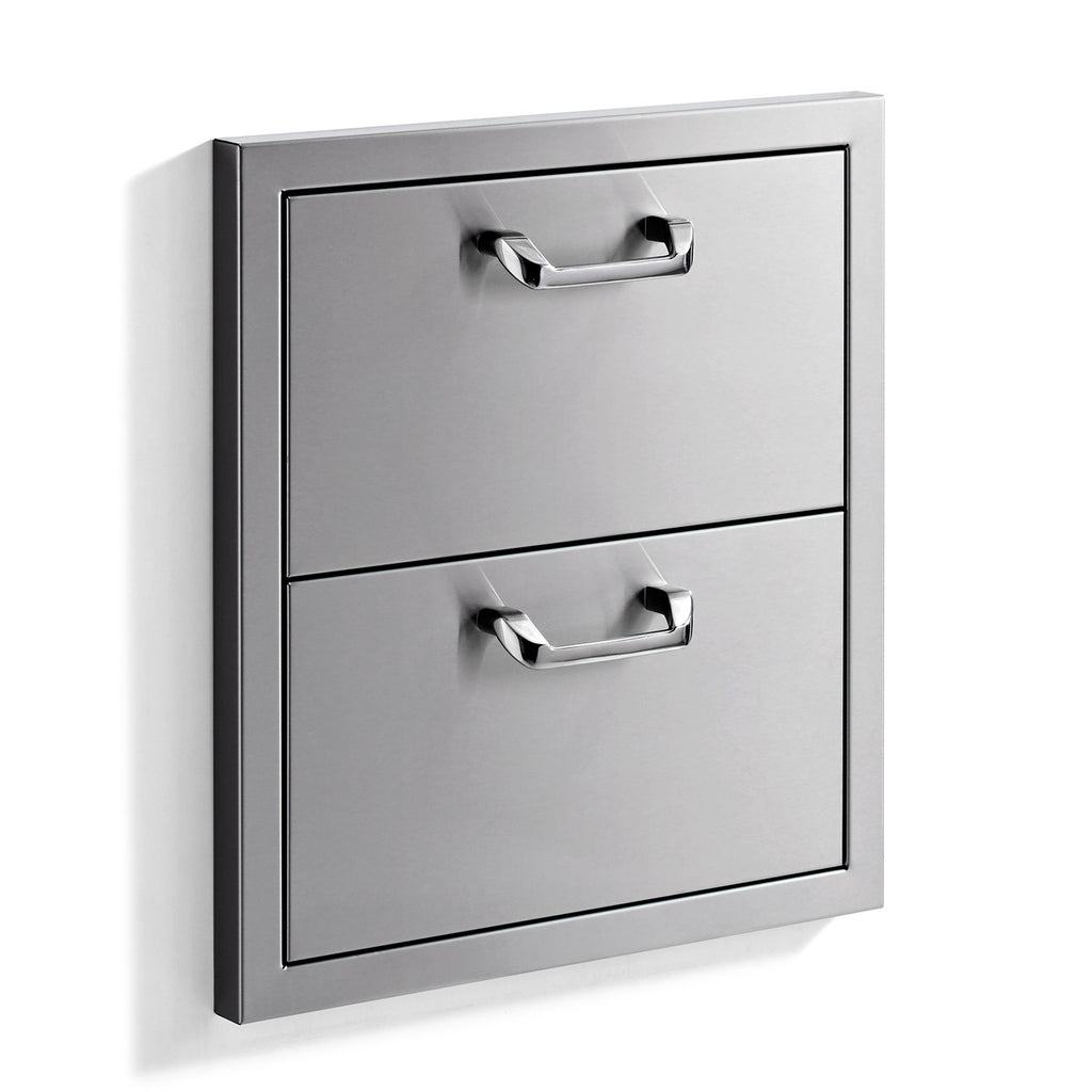 Double drawer cabinet with two gray drawers, chrome handles, and frame trim