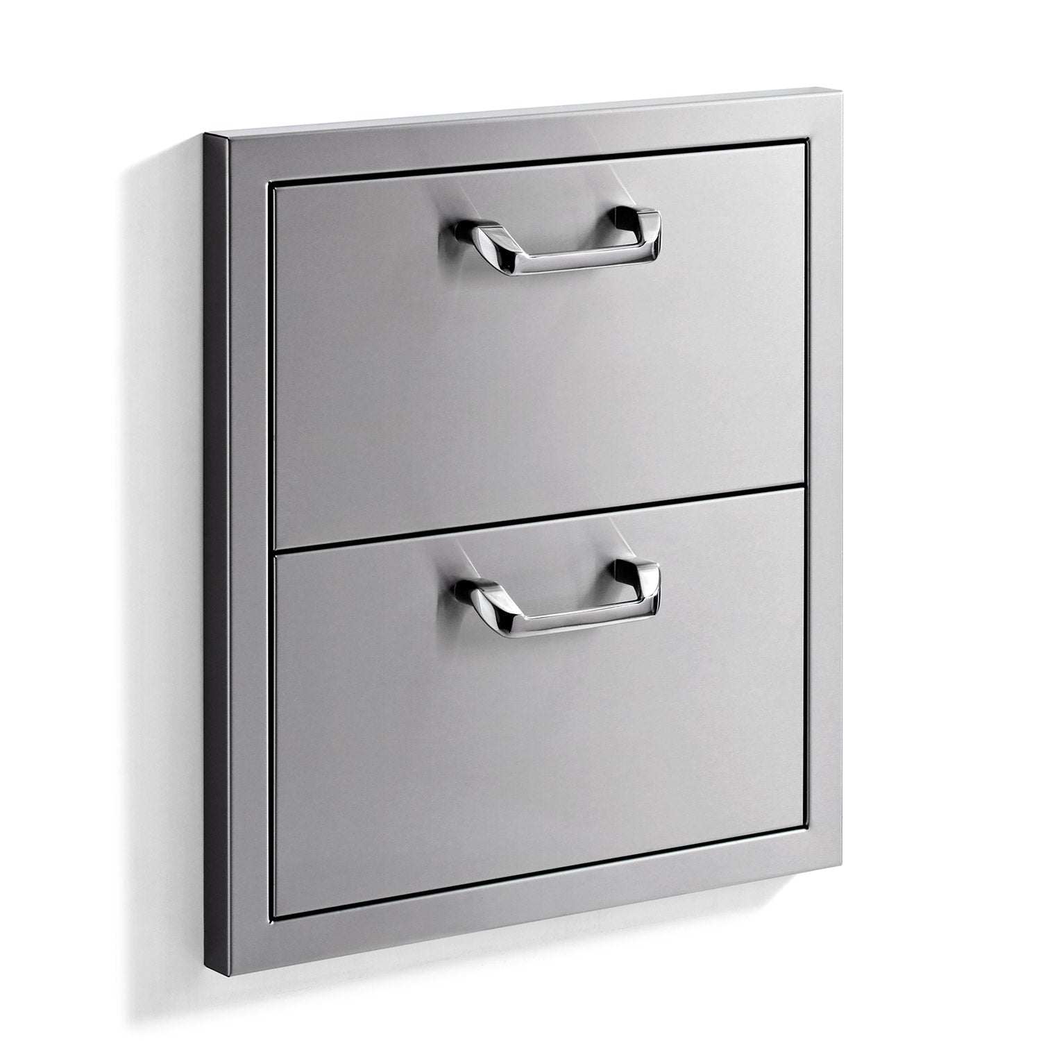 Double drawer cabinet with two gray drawers, chrome handles, and frame trim