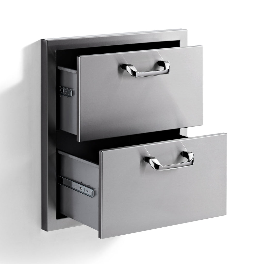 Double drawer cabinet shown open, with two gray drawers and chrome pull handles