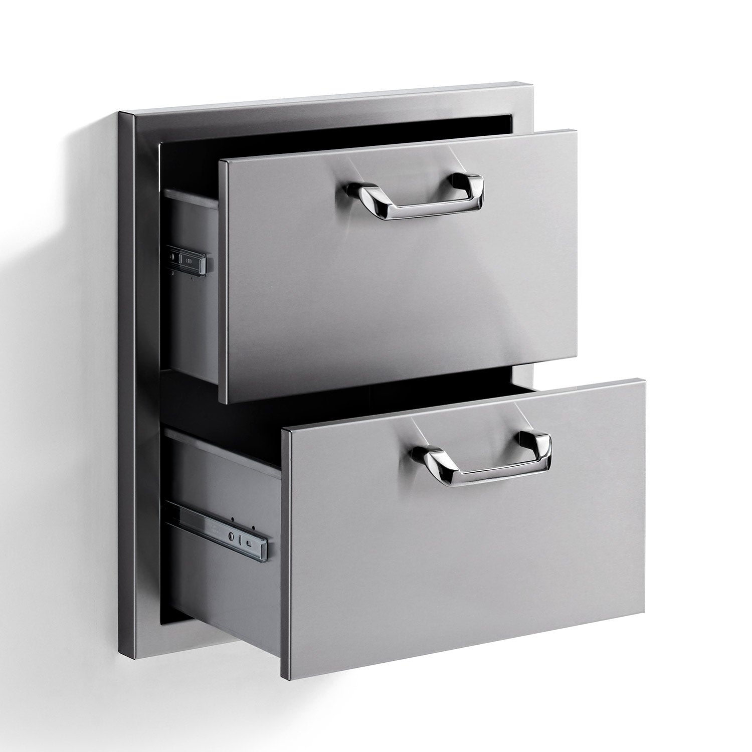 Double drawer cabinet shown open, with two gray drawers and chrome pull handles