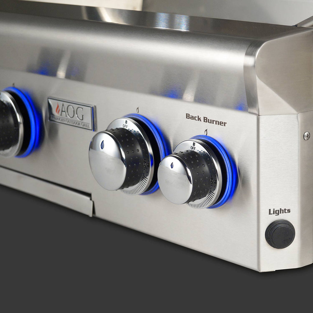 Gas grill control panel with blue-ring knobs, Back Burner and Lights