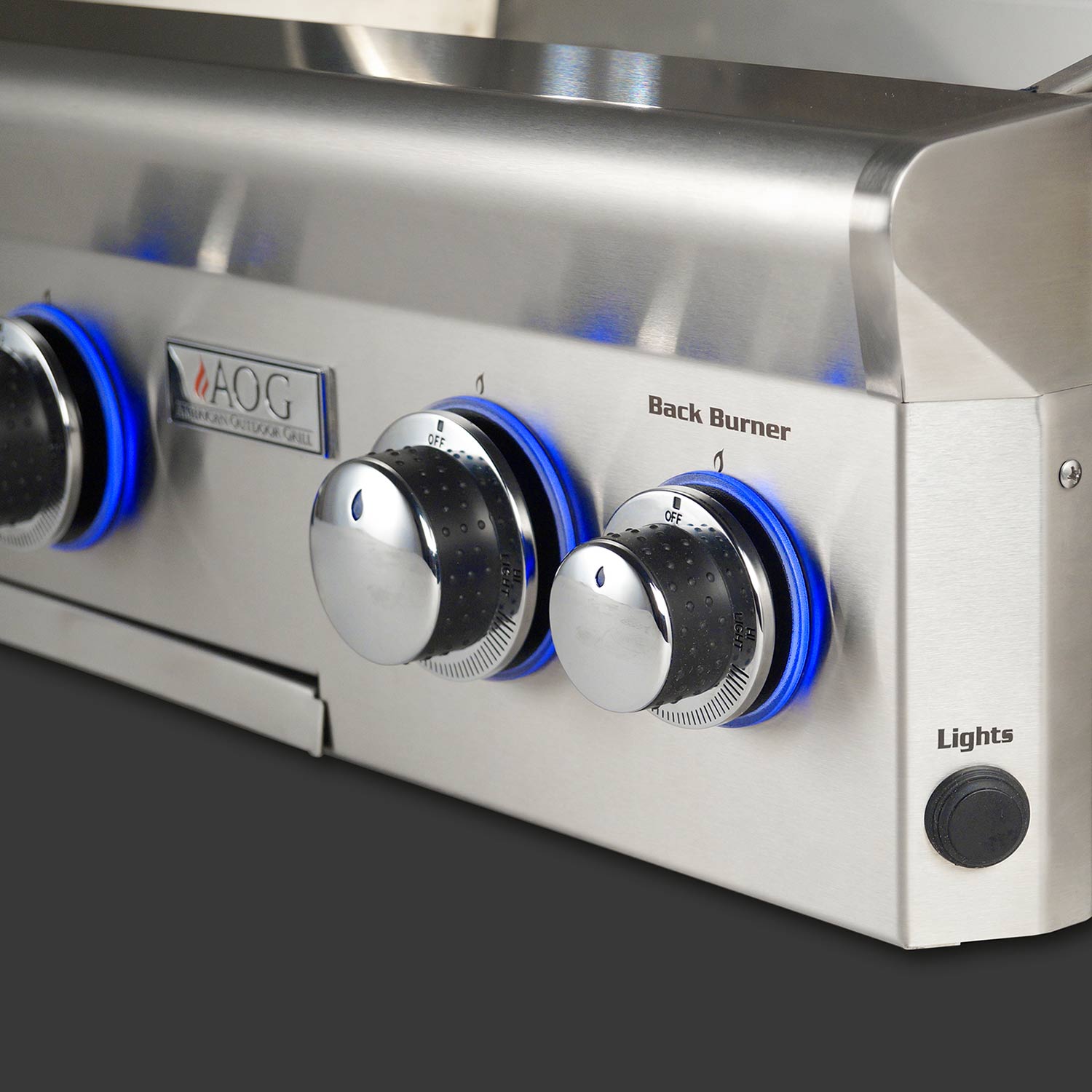Gas grill control panel with blue-ring knobs, Back Burner and Lights