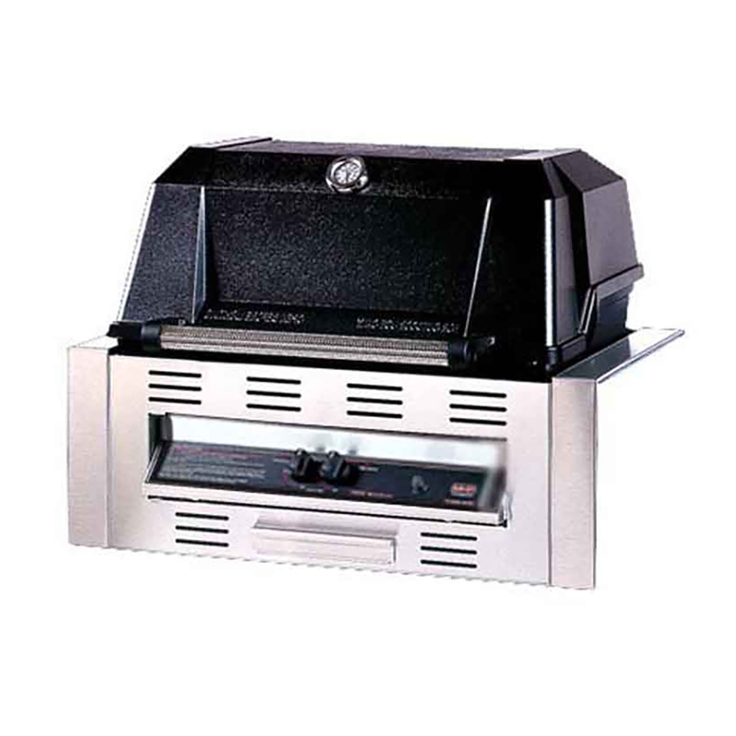 Built-in gas grill with open lid and stainless steel front panel