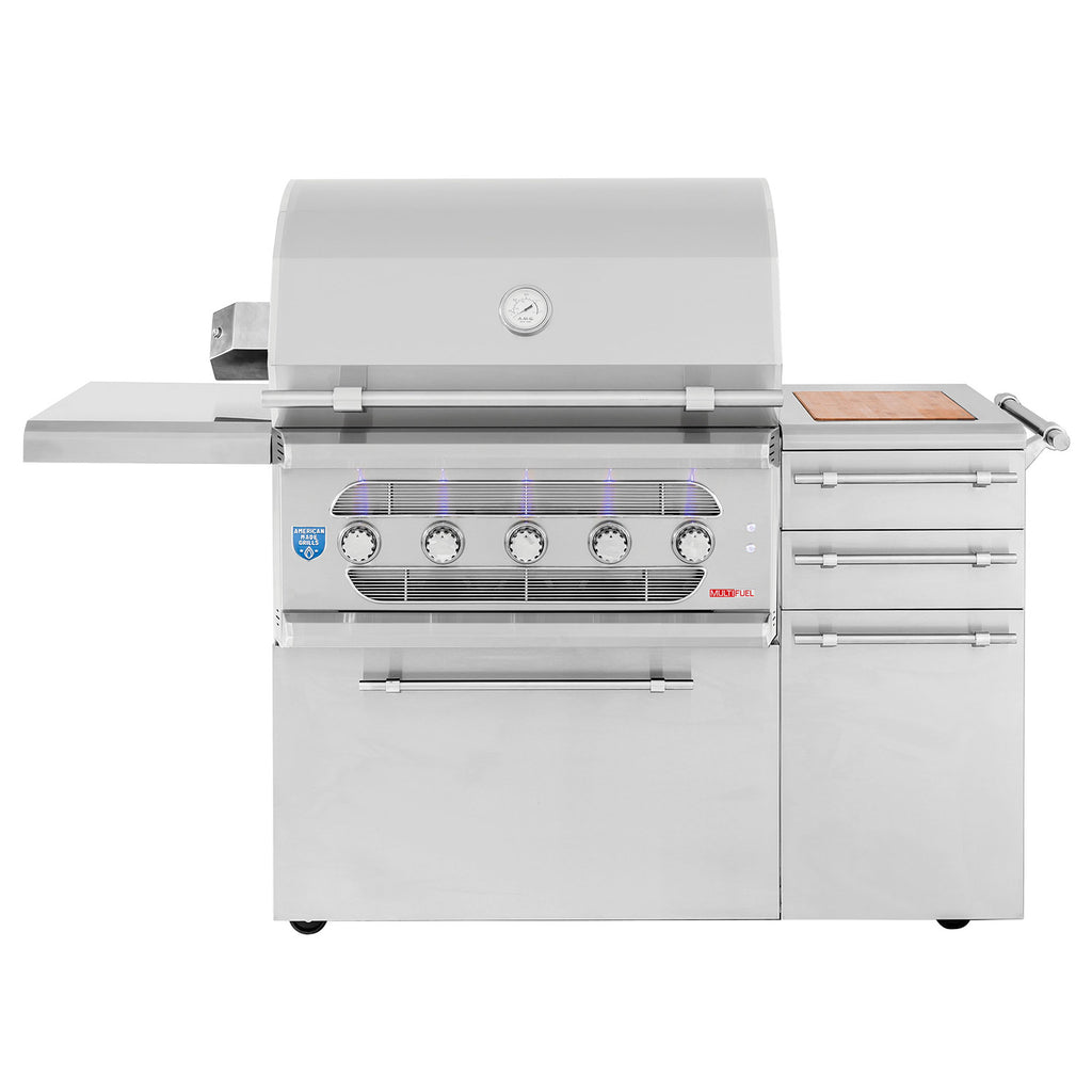 Stainless dual fuel grill on cart with side wood shelf and control panel
