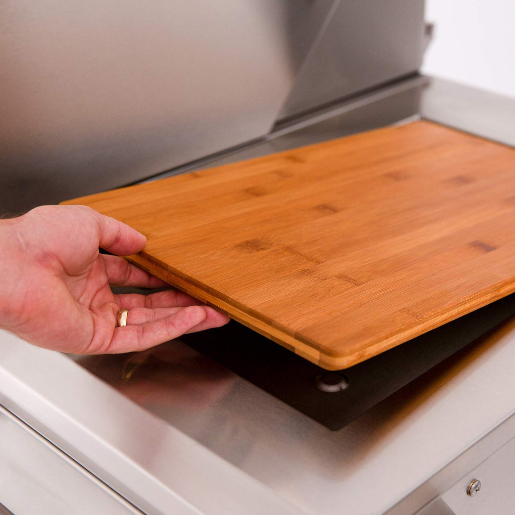 Grill side shelf with wooden cutting board