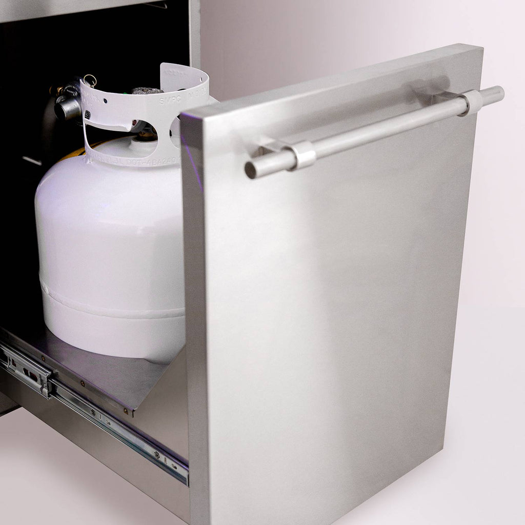Dual fuel grill cart with propane tank in lower storage compartment