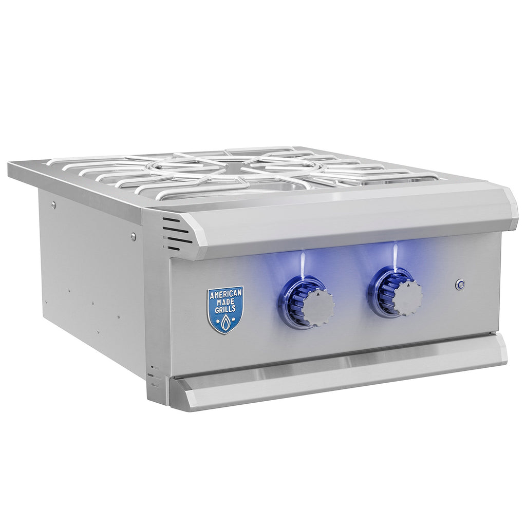 Stainless steel built-in power burner grill with wire grate and two blue control knobs