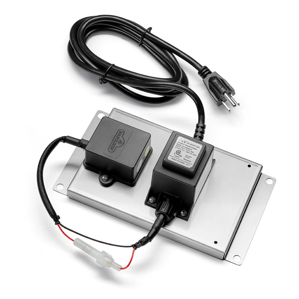 Power supply kit with metal mounting plate, black control modules, and AC power cord