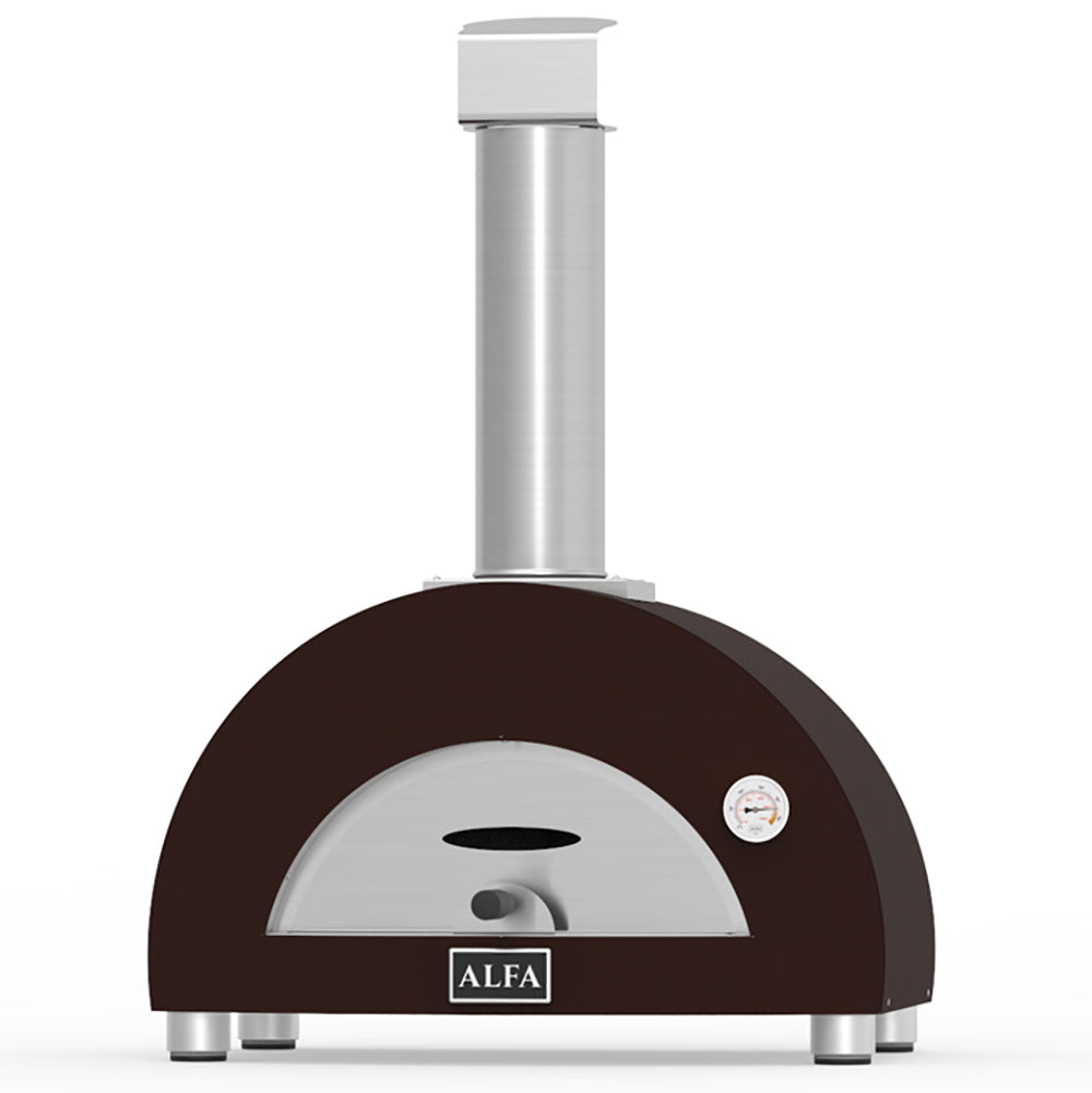Alfa Nano countertop wood-fired pizza oven with stainless chimney and dark dome