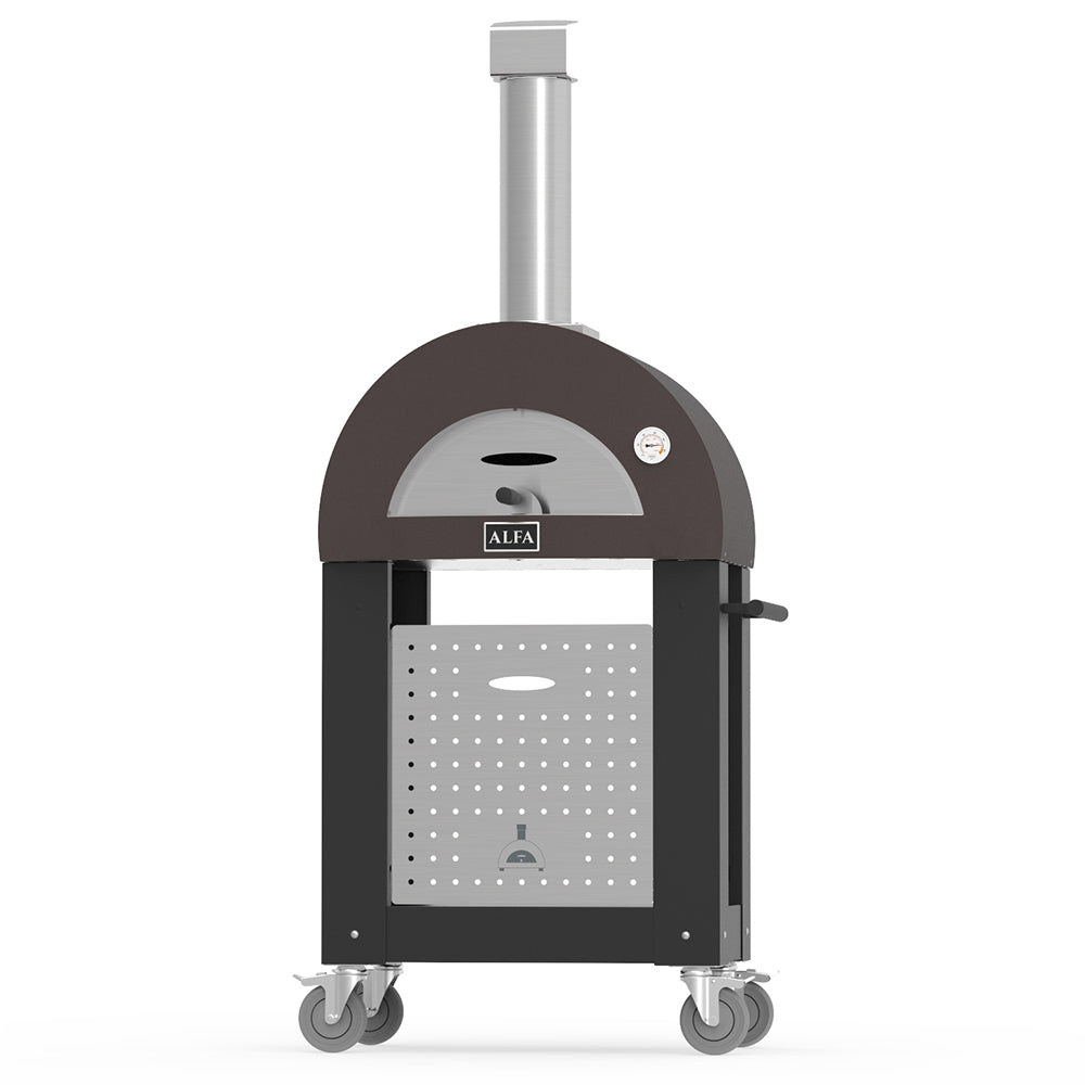 Wood-fired pizza oven on wheeled cart, dark brown dome and black body