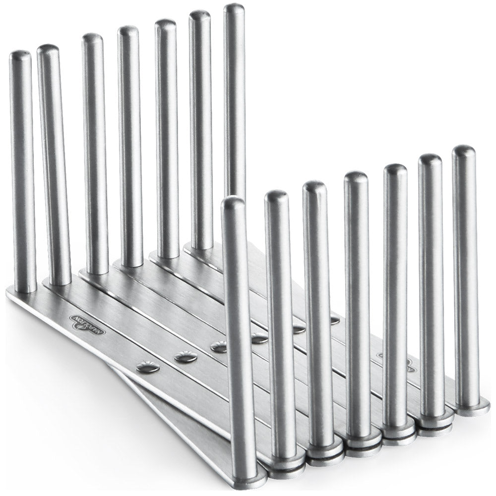 Angled rib holder with brushed metal base and tall vertical mounting rods