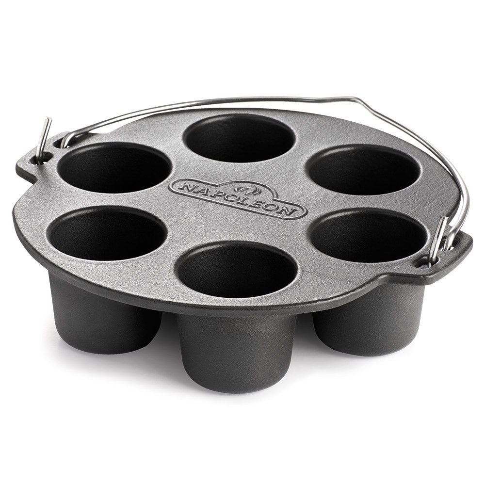 Cast iron muffin cooker with six muffin cups, arched handles, embossed logo
