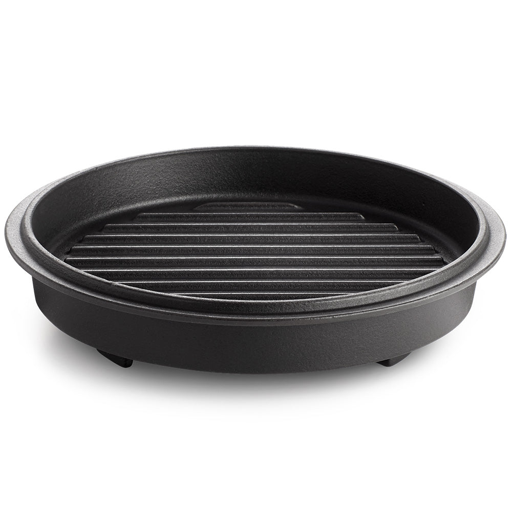 Cast iron Dutch oven with ridged grill insert at the bottom, dark charcoal