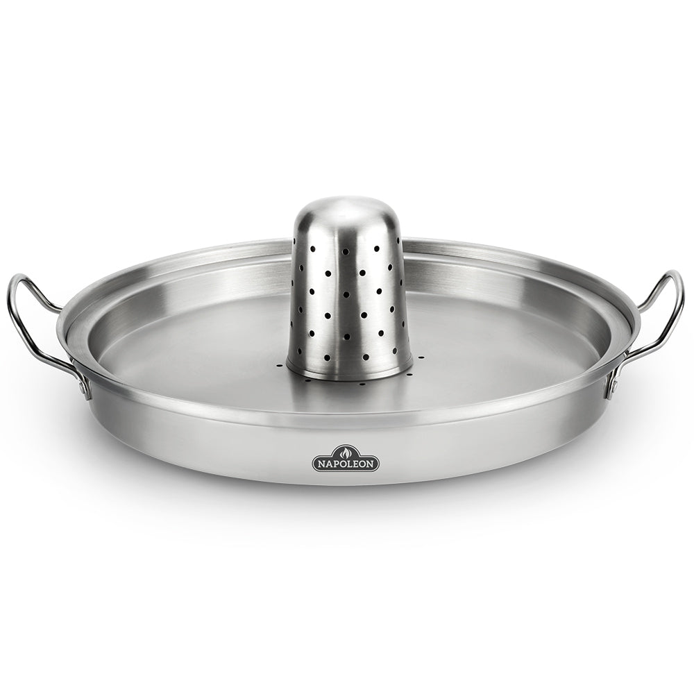 Stainless steel infusion roaster pan with tall perforated insert and loop handles