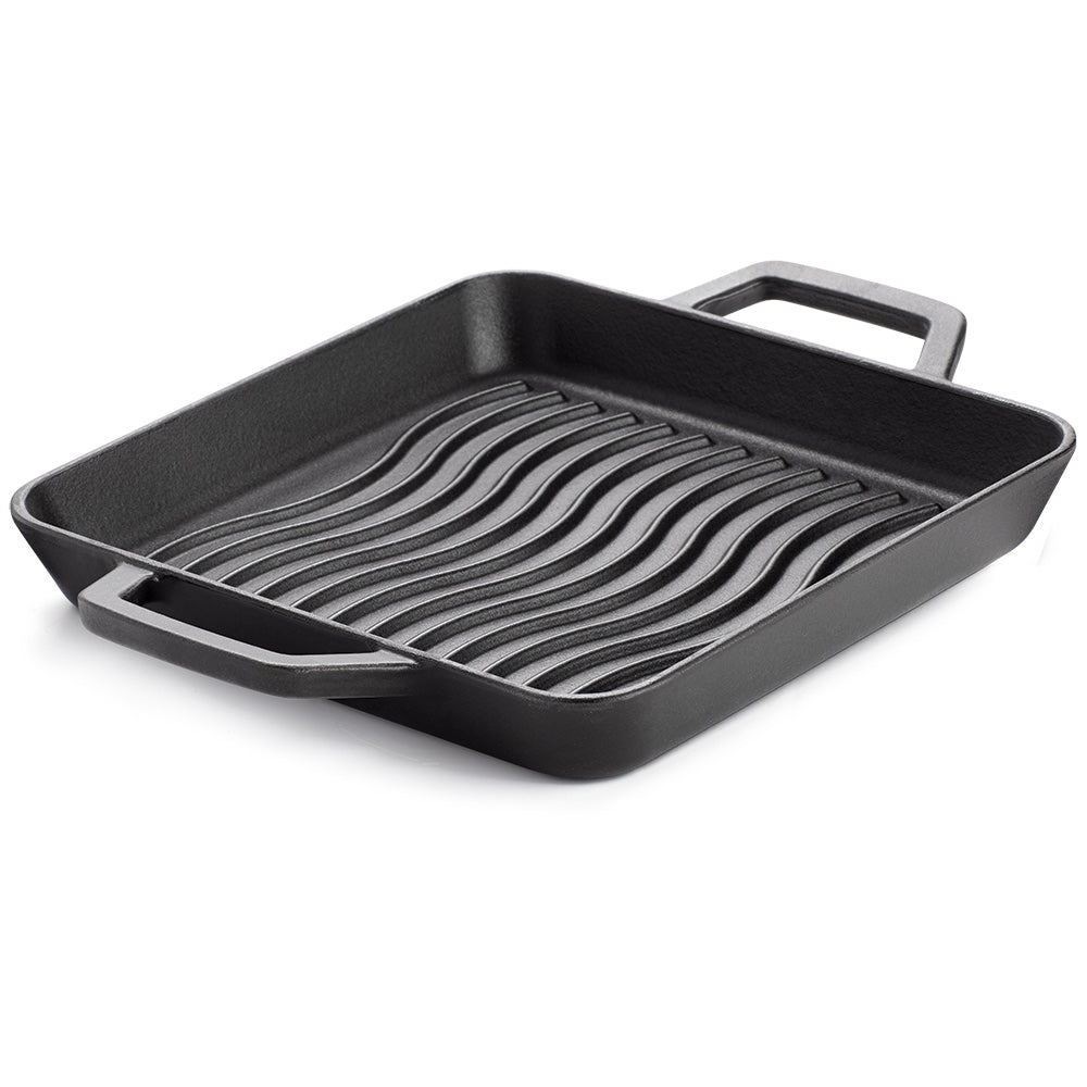 Square cast iron griddle tray with ridged grilling surface and carry handles