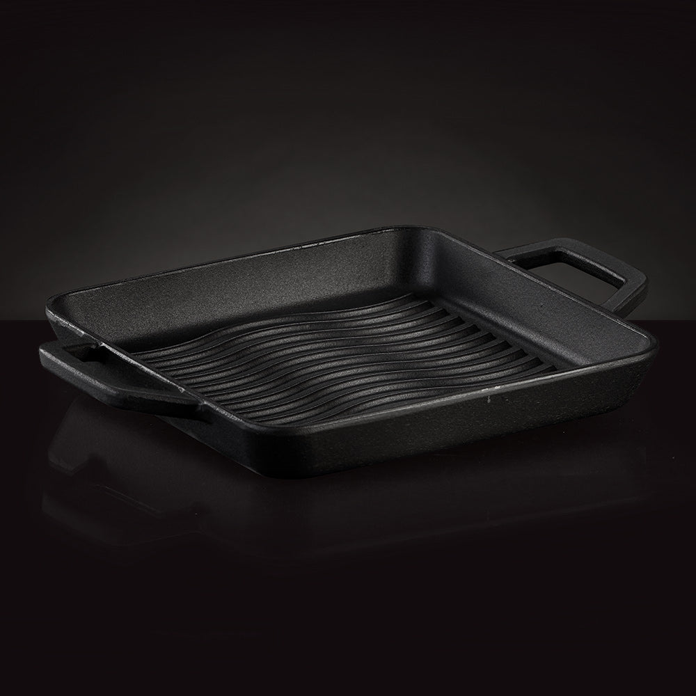 Square cast iron griddle with ridged surface and side handles, dark finish