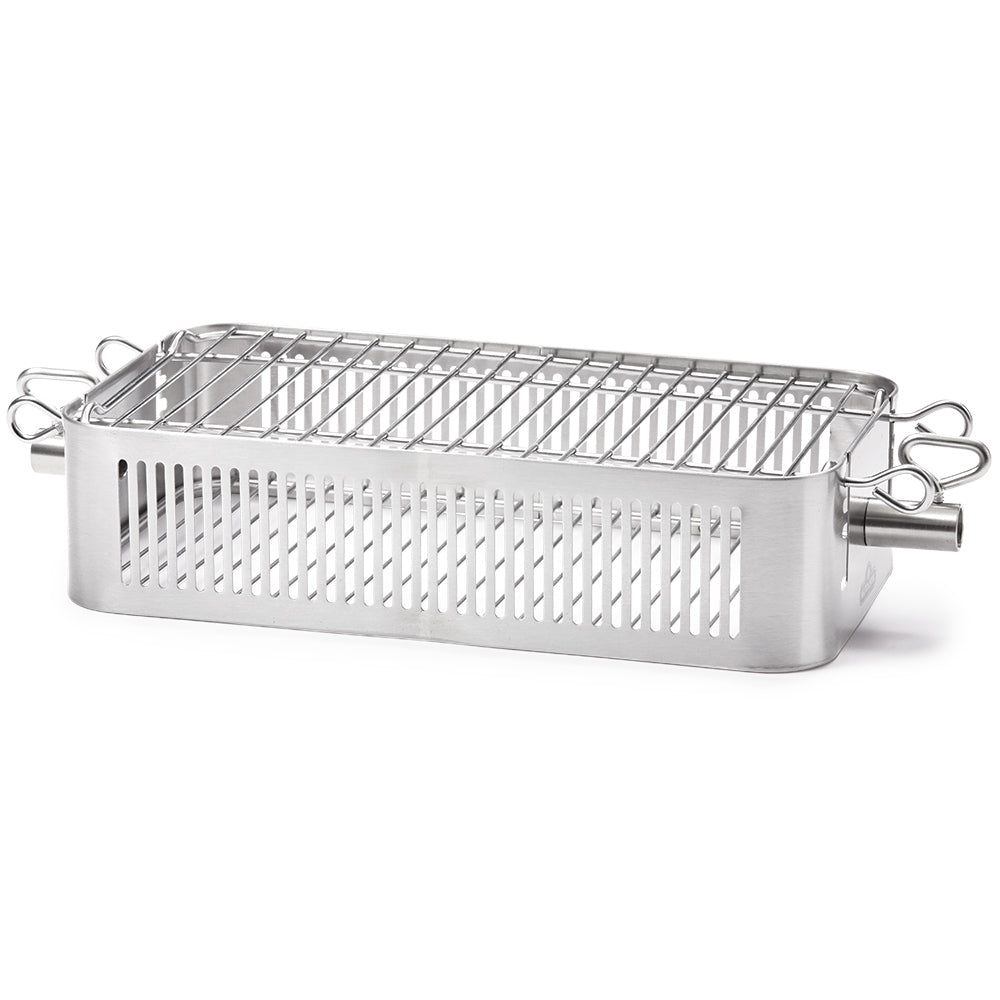 Stainless steel rotisserie basket with wire rack insert and side handles